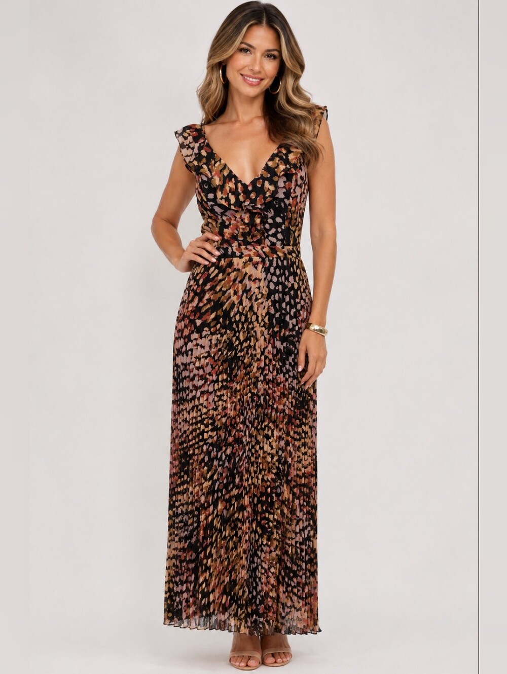 Guess - Black Multi-Spot V-Neck Cap Sleeve Pleated Skirt Maxi Dress